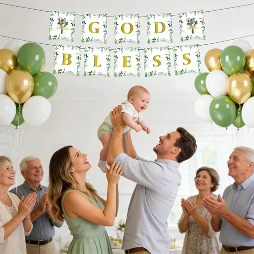 Vista 2 de Cartel de God Bless para bautismo, decoraciones de primera comunión con globos de oro blanco verde salvia para bautizo de bebé, suministros