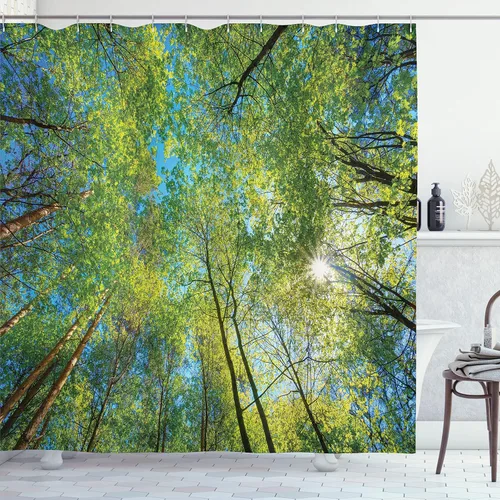 Vista 8 de Ambesonne Cortina de ducha con diseño de ciervo, silueta de animales del bosque brumoso en la naturaleza, diseño de dibujos animados, decoración