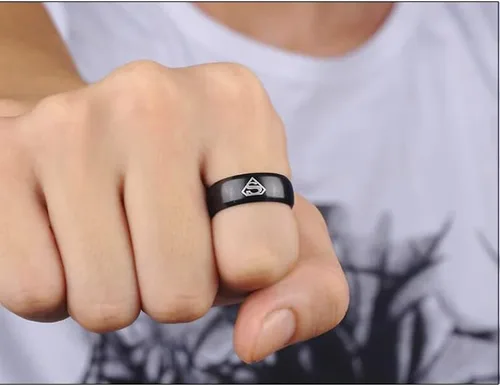 Vista 6 de Dilanco alianza de bodas de 8 mm, negro con borde biselado de tungsteno, Carbide, para hombres, cómodo ajuste con "Superman".