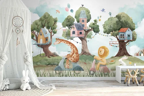Vista 2 de Papel tapiz infantil con diseño de animales del bosque con casa del árbol