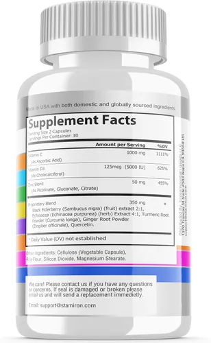 Vista 4 de Apoyo inmunológico 8 en 1 con quercetina, zinc 50mg, vitamina C 1000mg, vitamina D3 5000 UI y saúco, equinácea, jengibre para adultos y niños