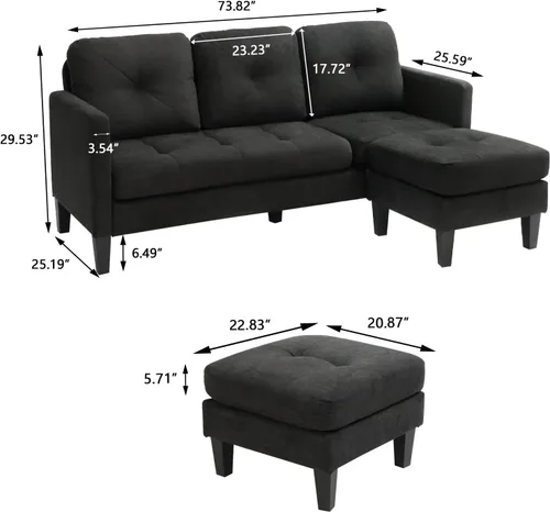 Vista 2 de Sofá modular convertible con diván, juego de sofá negro en forma de L con otomana reversible, sofás modulares pequeños y modernos para sala