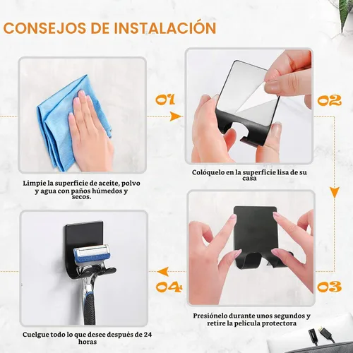 Vista 5 de Soporte para maquinilla de afeitar para afeitadora, soporte para colgar paños de cocina, 2 unidades, autoadhesivo, soporte de teléfono de acero Negro