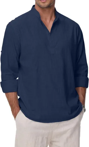Vista 7 de Camisas de Algodón y Lino para Hombres Ligeras Casuales de Manga Larga Henley Playa Hawaianas Tops