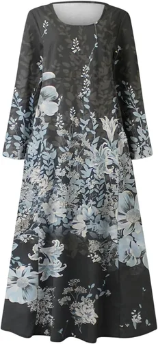 Vista 5 de Vestido floral para mujer, vestido de manga larga 2023, vestido tipo camiseta de verano y otoño, cuello redondo, vestido holgado tipo túnica
