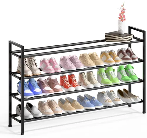Vista 8 de Bumusty estante de zapatos de 2 niveles largo y expandible para clóset, estante de zapatos ajustable de 46-112 cm para entrada, estante organizador