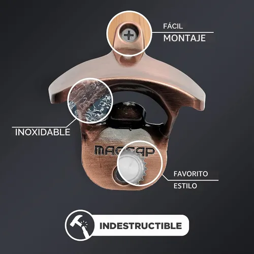 Vista 3 de Abrebotellas para exteriores montado en la pared, estilo abridor magnético de botellas de cerveza que atrapa las tapas, fácil de instalar e Cobre