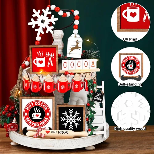 Vista 4 de Spiareal Juego de 15 piezas de decoración de bandeja escalonada de Navidad con chocolate caliente, decoración de mesa de madera, centros de mesa