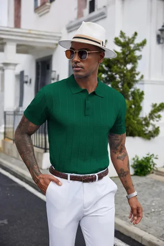 Vista 46 de COOFANDY Camisas polo de punto para hombre de manga corta con textura acanalada Camisas de golf casuales y ligeras con cuello Camiseta de polo