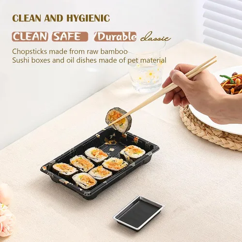 Vista 6 de Juego de vajilla desechable para 50 bandejas recipientes de sushi con tapas de 7.3 x 5.1 pulgadas, cajas desechables para sushi para llevar, 50