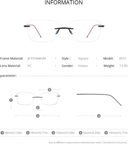 Vista 2 de Marco de lentes de titanio para hombre, lentes cuadrados sin marco de miopía óptica 8557