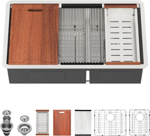 Vista 21 de Lordear Fregadero de cocina de 28 pulgadas de acero inoxidable de calibre 16 con doble plato y estación de trabajo de montaje inferior de 60/40