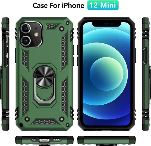 Vista 4 de Yiakeng Funda para iPhone 12 Mini: Funda para iPhone 12 Mini con protector de pantalla HD, fundas protectoras de grado militar con anillo para Verde