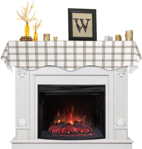 Vista 7 de Bufanda de manto de 60 x 17 pulgadas, diseño de cuadros rojos de búfalo a cuadros, alce de Navidad, chimenea, cubierta de mantel para Navidad