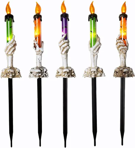 Vista 8 de WATERGLIDE Juego de 5 estacas de luz para velas de Halloween, diseño de manos de esqueleto, resistentes al agua, funciona