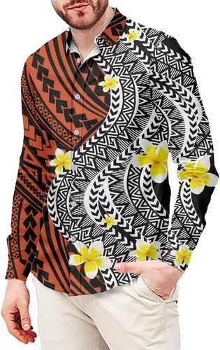 Vista 11 de Camisetas polinesias de manga larga para hombre para hombre, diseño floral de plantas tropicales, camisa con botones en la parte superior