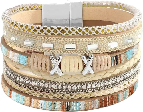 Vista 11 de Fesciory - Pulsera de leopardo para mujer, estilo bohemio de cuero multicapa con perlas de cristal