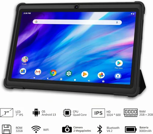 Vista 2 de Tablet de 7 pulgadas, sistema operativo Android 13 Quad Core, 32GB ROM, WiFi, Bluetooth, cámara dual, PC Tablet USB C, pantalla táctil de 7 Negro