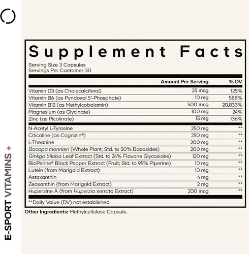 Vista 2 de Codeage E-Sport Vitamins+ Citicoline Cognizin, Bacopa Monnieri Supplement, Multivitamins, Astaxanthin, L-Theanine, Ginkgo Biloba, Acetyl-L-Tyrosine