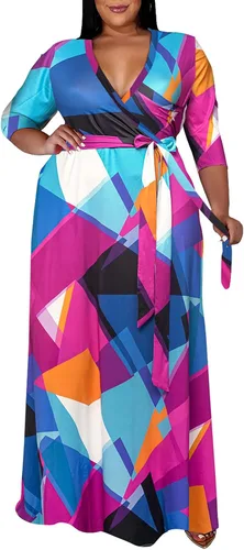 Vista 26 de Runwind Vestidos de Talla Grande para Mujeres Vestido Maxi Floral Suelto Manga 3/4 con Cinturón 01-Negro