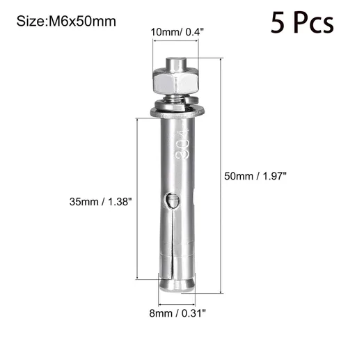 Vista 2 de 5 piezas de pernos de expansión de acero inoxidable 304 M6 x 1.969 in 304, tornillo de expansión hexagonal externo, anclaje de manguera, cubierta