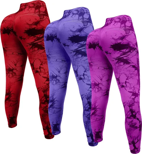 Vista 2 de OVESPORT Paquete de 3 leggings de entrenamiento de cintura alta sin costuras con teñido anudado para mujer, pantalones deportivos para yoga