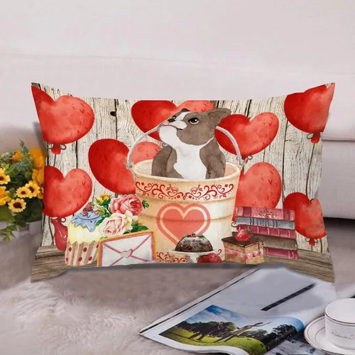 Vista 56 de Fundas de almohada lumbar con textura de madera rústica para perro en cubo, diseño de corazón rojo para el día de San Valentín, fundas de almohada