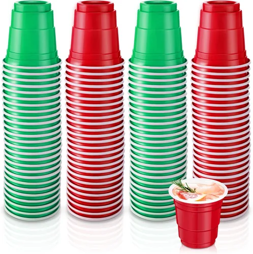 Vista 10 de Roshtia Paquete de 100 vasos desechables de 2 onzas, vasos de chupito de Mardi Gras, pequeños vasos de plástico para Navidad, fiesta de Año Nuevo
