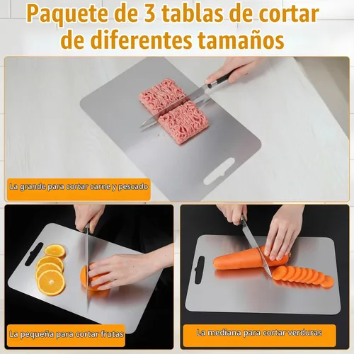 Vista 7 de Juego de tablas de cortar de acero inoxidable de 3 piezas, grado alimenticio, apto para lavavajillas, resistente al olor, para carne, frutas