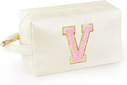 Vista 47 de Bolsa de maquillaje personalizada con inicial con asa, bolsa de cosméticos de preparación con bolsillo interior con cremallera, 8, 9, 10, 11, 12 Rosa