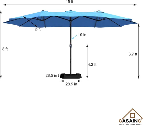 Vista 9 de CASAINC Sombrilla de patio de 15 pies con base de doble cara para exteriores, sombrilla rectangular doble con manivela, para jardín, terraza