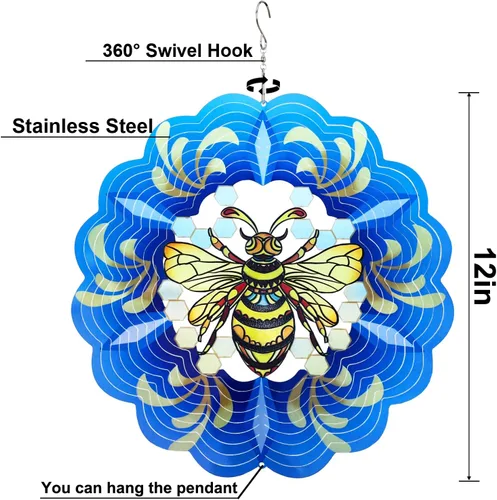 Vista 6 de Molinillos de viento de abeja colgantes en 3D, regalos de abeja para mujeres, mamá, abuela, papá, escultura cinética de viento de resorte de metal