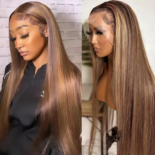 Vista 12 de Pelucas de cabello humano lacio con encaje frontal, color castaño cenizo degradado a rubio 613 con raíces oscuras 13x6 HD, peluca frontal de encaje