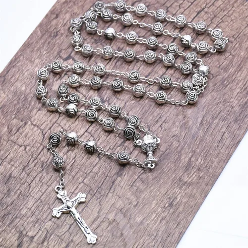 Vista 4 de SZQCZB Collar católico con cuentas de rosario, regalos de primera comunión católica, con lujosa caja de metal, Plástico, No es una piedra preciosa