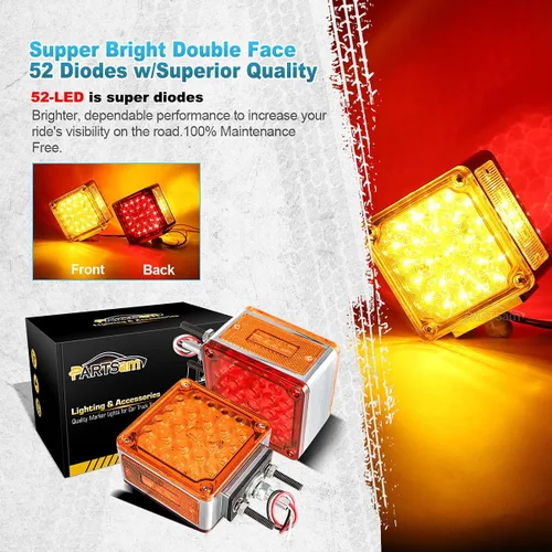 Vista 4 de Partsam 2 piezas cuadradas de doble cara para guardabarros de doble cara, 52 luces LED ámbar/rojo, luces de pedestal LED de doble cara impermeable