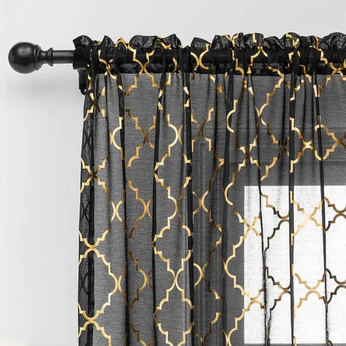 Vista 15 de Kotile - Cortinas doradas y blancas transparentes de 45 pulgadas de largo, juego de 2 paneles, con estampado marroquí metálico de ogee, cortinas