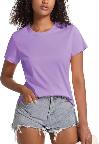 Vista 2 de TACVASEN Camisetas de algodón para mujer, camiseta de manga corta, casual, camisetas básicas con cuello redondo