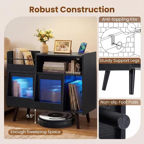 Vista 8 de Giantex Soporte grande para tocadiscos con luz LED, soporte para tocadiscos moderno de mediados de siglo con puerta deslizante, estación de carga