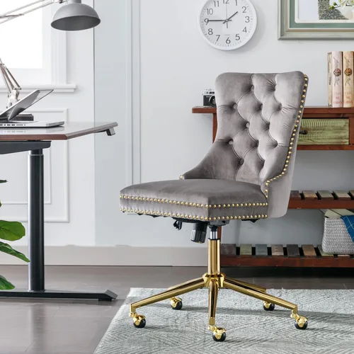 Vista 2 de Polibi Silla de oficina giratoria, silla tapizada de terciopelo sin brazos con base de metal dorado, silla de escritorio ajustable, botón