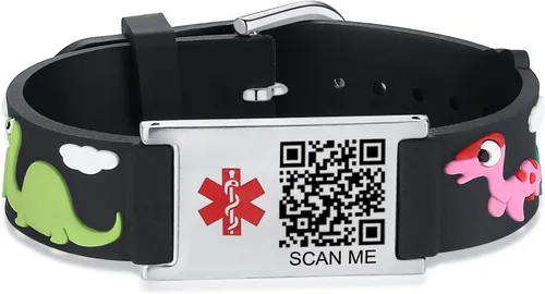 Vista 30 de LinnaLove Medical Alert ID Bracelet – Custom or Pre-Engraved, QR Code Available,Blue Dinosaur Band