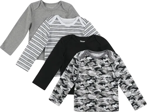 Vista 5 de Hanes Camiseta de manga larga para bebé, camiseta de punto Ultimate Flexy para niños y niñas, paquete de 4 Conjunto de Brwn Dk Verde Azul