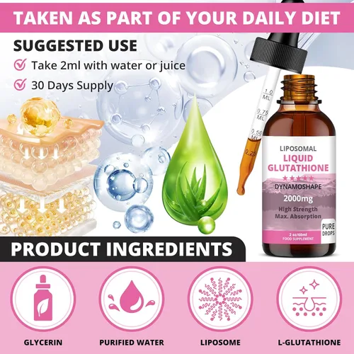 Vista 2 de Glutatión liposomal de 2000 mg con vitamina C, líquido de glutatión oral, suplemento antioxidante para desintoxicación, absorción superior, dosis