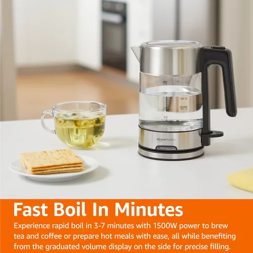 Vista 5 de Amazon Basics Hervidor eléctrico con jarra de vidrio para té y café, sin BPA, ebullición rápida, apagado automático, 1.1 cuartos, 1500W, vidrio
