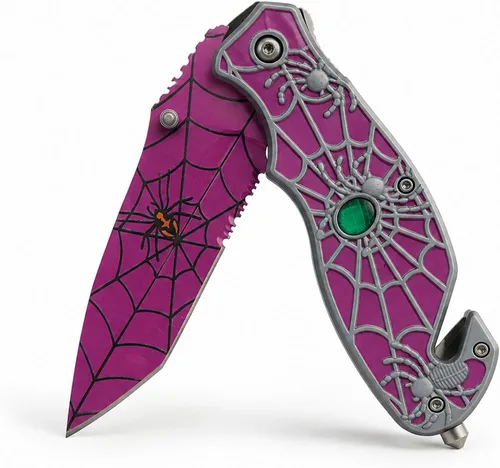 Vista 6 de SZCO Cuchillo plegable de tela de araña de 4.75 pulgadas, cuchillo de bolsillo EDC con mango de aluminio negro con incrustaciones rojas, hoja