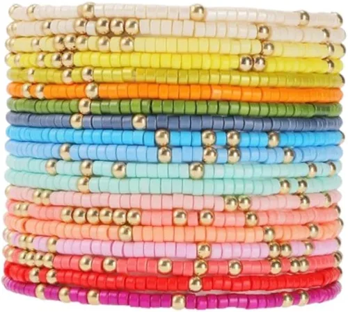 Vista 21 de Fuqimanman2020 18 piezas de pulseras apilables con cuentas estilo boho para mujer, conjunto de tobilleras de cuentas de arroz multicapas coloridas