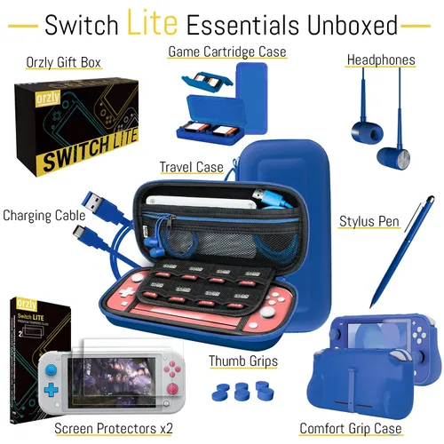 Vista 4 de Orzly Switch Lite Accessories Bundle - Funda y protector de pantalla para consola Nintendo Switch Lite, cable USB, soporte para juegos, funda