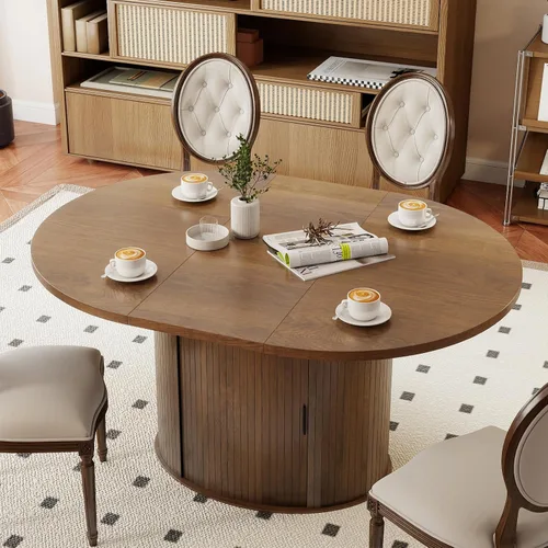 Vista 8 de SoarFlash Mesa de Comedor Redonda de 47 Pulgadas para 4-6, Mesa de Cocina Circular Estilo Granja con Espacio de Almacenamiento, Base de Listones