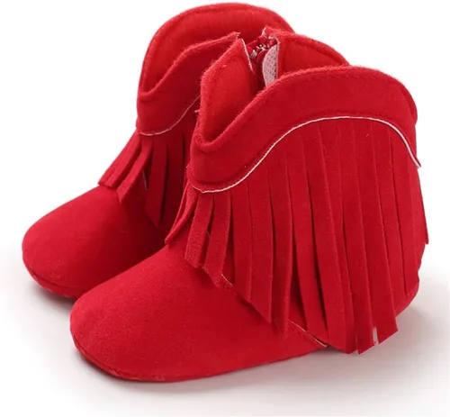 Vista 4 de Timatego Botas vaqueras con borlas para bebé, con cremallera lateral, antideslizantes, para bebés, bebés, para primer caminante, cálidos