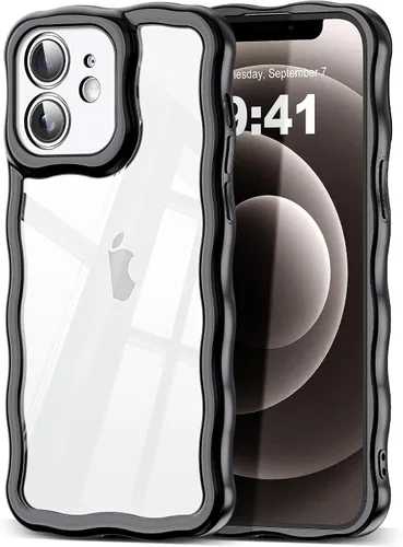 Vista 102 de SKYLMW Funda compatible con iPhone 12 Pro, diseño de ondas rizadas kawaii, borde chapado de lujo, elegante parte trasera transparente brillante, TPU