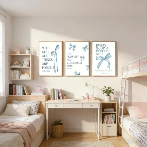 Vista 7 de 3 piezas de arte de pared con lazo azul inspirador, pintura bíblica preppy, decoración de pared, arco azul, pósteres de la Biblia, impresiones